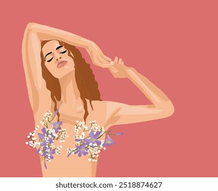 Woman Long Hair October Pink Flowers Breast Cancer Hope Beauty Vector