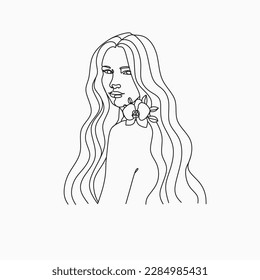 A woman with long hair and an orchid in it line drawing . Beautiful girl minimalistic one line vector art with flowers on her head