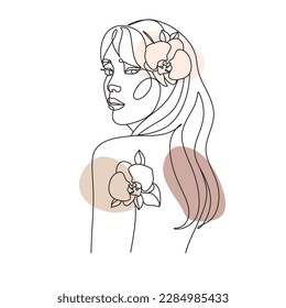 A woman with long hair and an orchid in it line drawing . Beautiful girl minimalistic one line vector art with flowers on her head