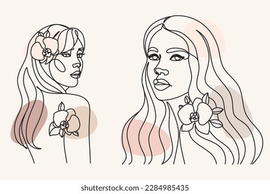 A woman with long hair and an orchid in it line drawing . Beautiful girl minimalistic one line vector art with flowers on her head