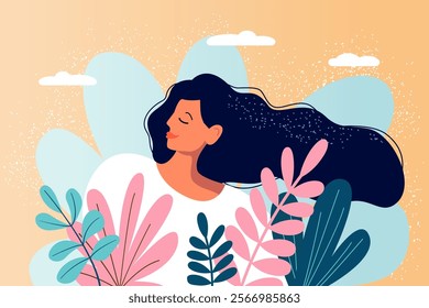 Woman with long hair, plant leaves. Women's mental health illustration. Happy calm girl, feeling of bliss, harmony, positive emotions, meditation