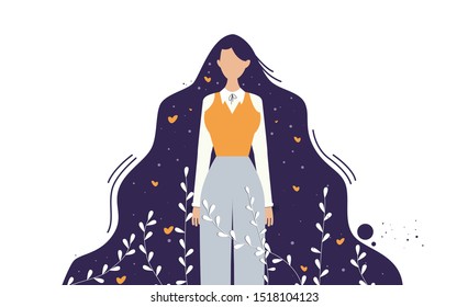 Woman with long hair and plants