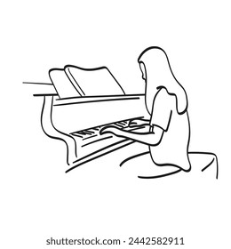 mujer con el pelo largo tocando el piano de cola ilustración vectorial dibujado a mano aislado sobre fondo blanco