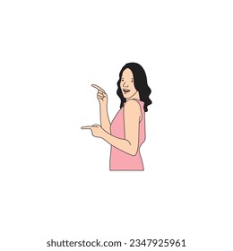 a woman with long hair is pointing with both hands facing sideways