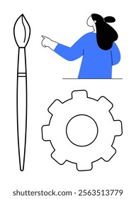 Woman with long hair pointing to the side, a large paintbrush, and a gear icon. Simple colours