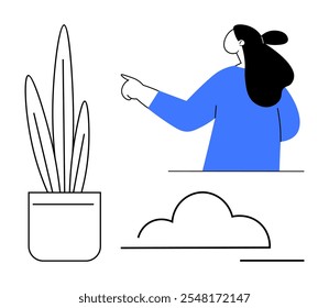 Woman with long hair pointing at something on the right side, beside a potted plant and a simple cloud. Ideal for business presentations, guides, web design, educational materials, minimalistic