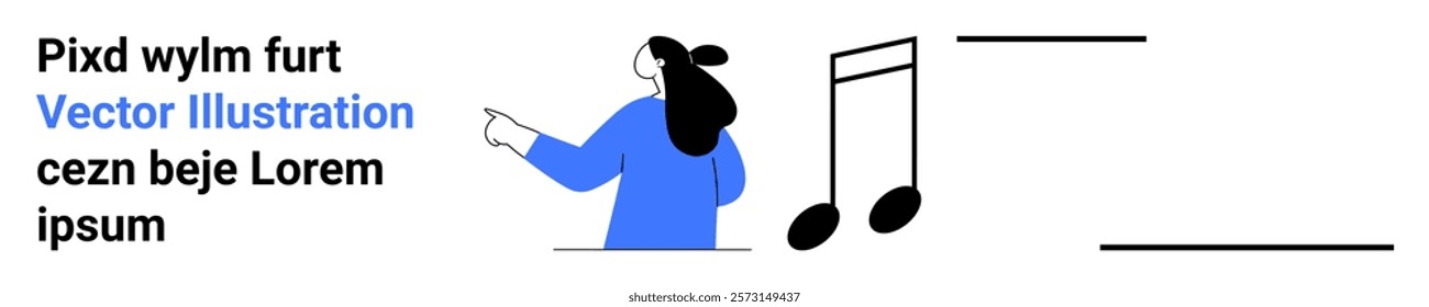 Woman with long hair pointing towards a musical note with text on the left. Ideal for user guides, music tutorials, educational content, creative designs, social media posts. Banner for landing page