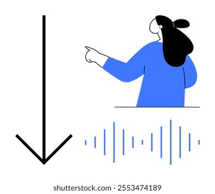 A woman with long hair points to her right. Below her are blue and black sound wave patterns while a large black arrow points downward. Ideal for technology, audio design, navigation, direction