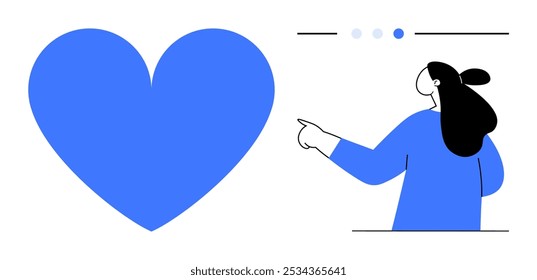 Woman with long hair points to a large blue heart. Ideal for concepts of love, connection, relationships, visual storytelling, and human emotions. Minimalist design with a modern, clean look