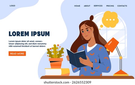 Woman with long hair reading a book at a desk with a lamp, books, and a plant. Flat design style on a soft blue background. Concept of knowledge and learning. Vector illustration