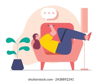 A woman with long hair is relaxing on the living room sofa while playing on her cellphone. Character design. Vector flat illustration