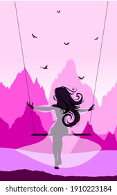 A woman with long hair rides on a swing against the background of mountains and birds. Purple background with high mountains, snow-capped tops. Winter vacation, dream trip, ride a swing alone.