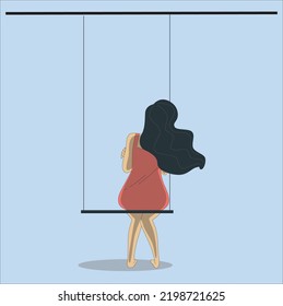 A woman with long hair rides on a swing against the blue background. vacation, dream trip, ride a swing alone. Silhouette of girl on swing. Vector illustration