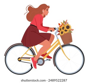 Frau mit langen Haaren, die Fahrrad fährt, einen Korb mit Blumen trägt. Weibliche Figur mit sommerlicher Outdoor-Aktivität, gesundem Lebensstil und Glück. Cartoon Menschen Vektorillustration