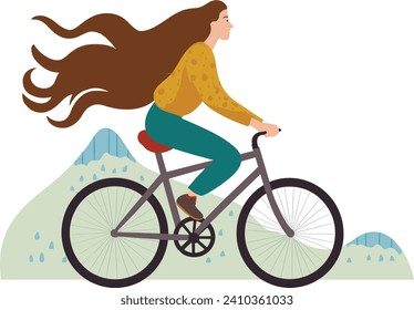 Mujer con bicicleta de pelo largo en la naturaleza. La ciclista femenina disfruta de la actividad al aire libre. Estilo de vida saludable e ilustración de vector de transporte ecológico