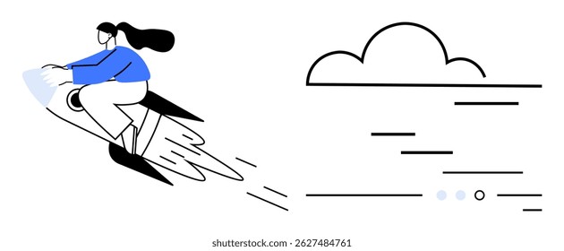 Woman with long hair riding a rocket towards a cloud, emphasizing innovation and speed. Ideal for tech, startups, career growth, digital transformation, success, progress, ambition. Line metaphor