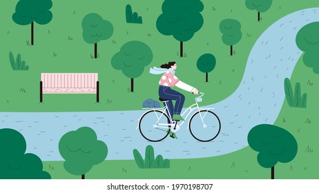 A woman with long hair riding white vintage city bicycle in the green park