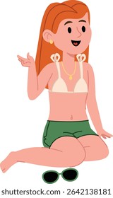 A woman with long hair sits cross-legged in swimwear, smiling and gesturing. She wears a bikini top and shorts, with sunglasses on the ground. Cartoon vector illustration.