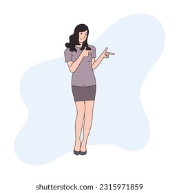 a woman with long hair is standing with her hands showing