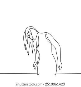 woman with long hair standing tilted forward head - one line art vector. concept long hair care, drying hair after shower. Handmade vector not AI