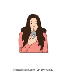a woman with long hair was surprised when she saw her cellphone svg