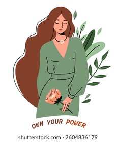 Woman with long hair surrounded flowers vector illustration. Luxury girl in fashion pose, holding floral blossom. Female character with close eyes, smile. Beauty in modern flat style. Text quote.