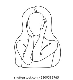 A woman and long hair touches her face and her hands  One line drawing for different uses  Vector illustration 