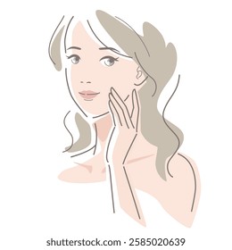 A woman with long hair touches her cheek with her finger. Beauty, fashion, makeup, skincare concept. Vector illustration in line drawing, isolated on white background.