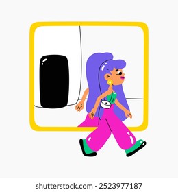 Woman with long hair and trendy outfit walking and reflecting in the mirror on the street. Flat vector illustration symbolizing urban lifestyle, fashion, and city commute