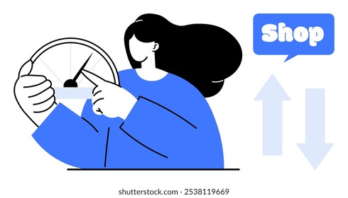 A woman with long hair uses a tachometer while pointing at a dial. A speech bubble with the word Shop and two arrows pointing up and down appear beside her. Ideal for shopping, business, technology