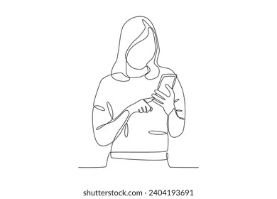 A woman with long hair using a cellphone. Mobile phone addiction one-line drawing