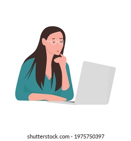 A woman with long hair wearing glasses staring at her laptop while thinking and leaning her hand to her chin.