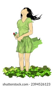 a woman with long hair wearing a green dress, was standing in the garden holding a bouquet of flowers in her hand, without a background