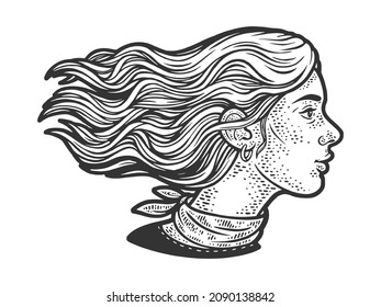 Woman With Long Hair In Wind Sketch Engraving Vector Illustration. T-shirt Apparel Print Design. Scratch Board Imitation. Black And White Hand Drawn Image.