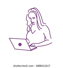 woman with long hair working on a laptop line drawing dark purple vector