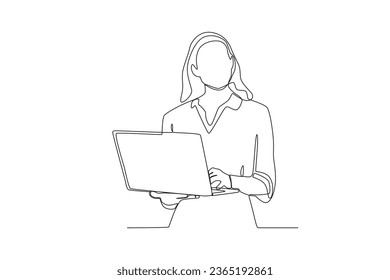 A woman with long hair working on a laptop. Dia de la mujer emprendedora one-line drawing