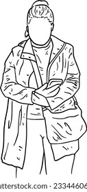 Woman in a long jacket with a phone in her hand and a bag doodle linear cartoon coloring