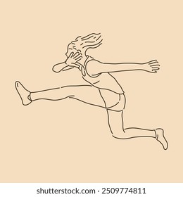 Woman Long Jump. Line art drawing. Sketch outline vector illustration