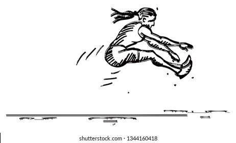 A woman long jumper launching into the air. Hand drawn vector illustration. 