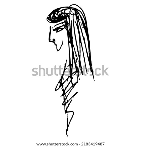 Woman with long loose hair. Female portrait in profle. Hand drawn linear doodle rough sketch. Black silhouette on white background.