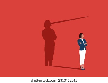 Woman with long nose lier talk about fake news. Politician lies about truth. Flat vector illustration