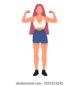 A woman with long pink hair and blue shorts is flexing her muscles. She is standing in front of a white background