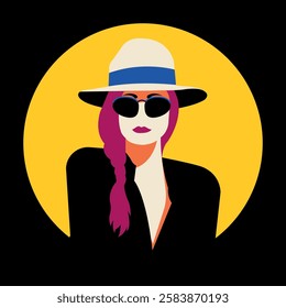 A woman with long pink hair wearing dark sunglasses and a hat. Vector on a bright yellow background.