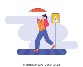 A woman in a long pink shirt is walking at a road user sign while holding an umbrella and shopping paper in the rain. Character design. Vector flat illustration