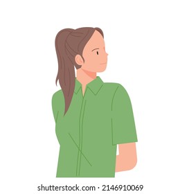 A woman in a long ponytail is thinking with her arms behind her back and her head turned to the side. lat design style vector illustration.