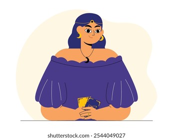 Mulher com cabelo roxo longo vestindo roupas estilo boho com blusa roxa sem mangas, colar de lua crescente, segurando duas cartas de tarô em suas mãos, ilustração de vetor cigano.