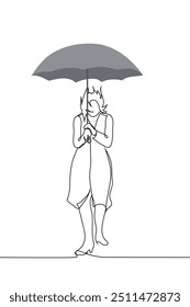 woman in long raincoat walks under umbrella full length blown by wind - one line art vector. concept lonely woman keeps walking in rain. Handmade vector not AI