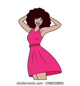 Woman with long red dress and afro with arms behind her head.