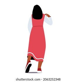 Woman in Long Red Dress Back View. Female Character Rear Position Isolated on White Background, Young Girl in Fashioned Wear, Student or Abstract Person Backside. Cartoon People Vector Illustration