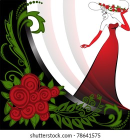 woman in a long red dress in black and white background with roses